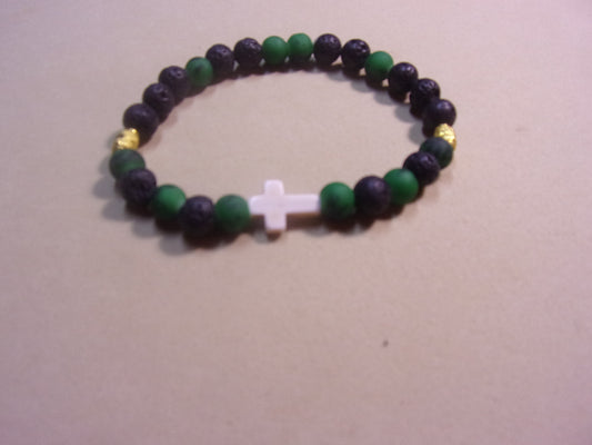 mans green/black w/white cross stone beaded bracelet